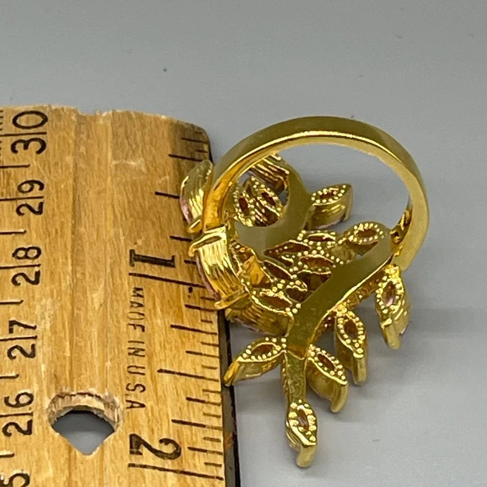 Seta Pink Marquise Crystal Floral‎ Vine Bypass Ring Gold Tone Statement Size 7.5